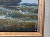 a painting of a boat in the water with seagulls flying around it