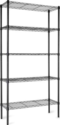 a black wire shelving with four shelves on each side