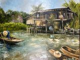 a painting of a boat in the water near a house