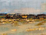an oil painting of a landscape with a body of water in the foreground