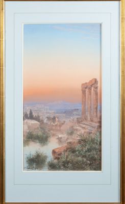 an image of a painting of a sunset over a valley