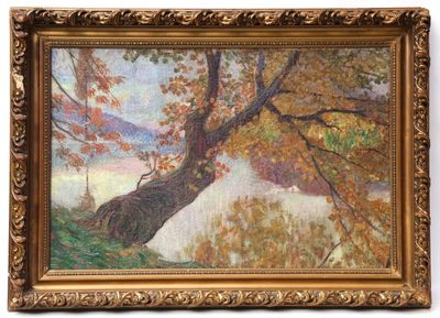une image représentant un tableau représentant un arbre dans un cadre doré