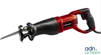 a red cord saw with a black handle on a white background