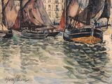 a painting of a group of sailboats in the water