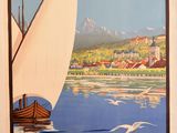 painting of a sailboat in the water with a city in the background