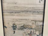 painting of a group of people on a beach with umbrellas