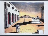 drawing of a man standing in a courtyard with a statue in the background