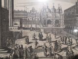 a drawing of a courtyard with people walking around it
