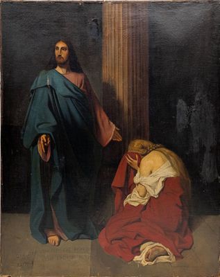 tableau représentant un homme agenouillé à côté d'une femme en robe rouge