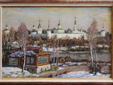 an oil painting of a village with a river and a church in the background