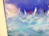 un tableau représentant un voilier en mer avec une voile rouge