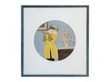 tableau représentant une femme en robe jaune debout devant un vase de fleurs