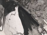 tableau représentant une femme vêtue d'une robe noire et blanche tenant une batte de baseball