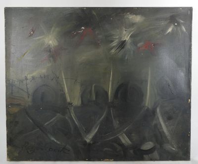 une image d'une peinture représentant des oiseaux volant au-dessus d'un cimetière