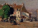 peinture représentant une scène de village avec une calèche devant un bâtiment
