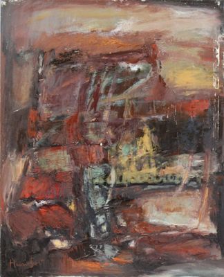 une peinture à l'huile représentant un homme debout devant un camion