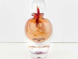a small glass vase with a red fish inside of it