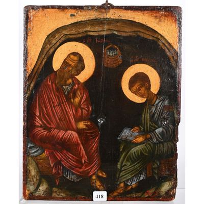 un vieux tableau représentant deux hommes assis dans une grotte