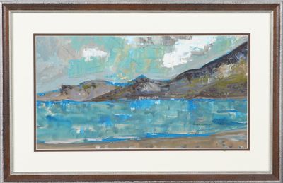 une peinture à l'huile représentant une scène de plage avec une montagne en arrière-plan