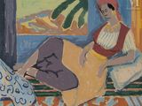 painting of a woman sitting on a bench in front of a window
