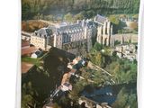 an aerial view of a castle surrounded by trees and a river