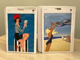 two pictures of a woman on the beach with a cell phone