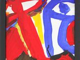 peinture abstraite représentant un tableau rouge, bleu, jaune et rouge