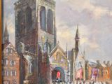 painting of a city street scene with a church in the background