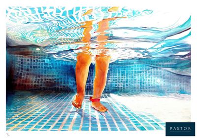 un tableau représentant les jambes d'une femme dans une piscine