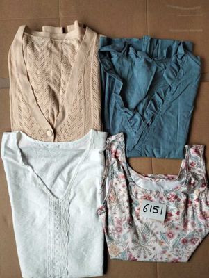 three women ' s clothing laid out on the floor, one is blue and the other is beige