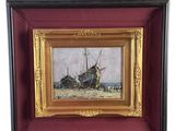 une peinture représentant un bateau sur l'eau, sur fond rouge