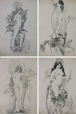 quatre croquis différents représentant une femme tenant une fleur à la main