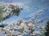 painting of a village in the snow with a church steeple in the background