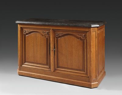 a wooden cabinet with a marble top and two doors