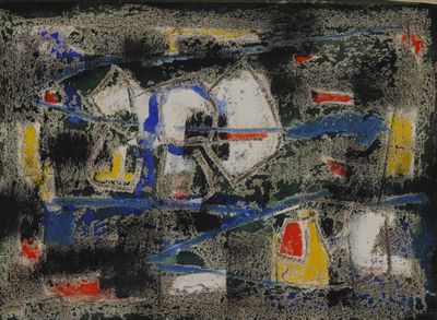 painting of a black and blue abstract painting with red, yellow, and blue shapes