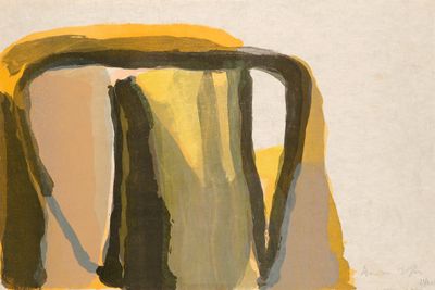 an image of a painting of a yellow chair with a black handle