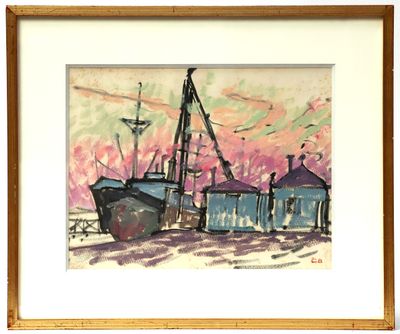 painting of a boat in a harbor with a pink sky in the background