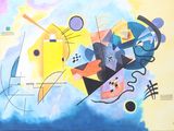 painting of a painting of a cat and a bird on a blue and yellow background
