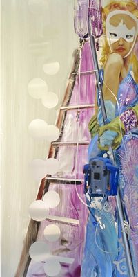 a painting of a woman in a blue dress holding a ski pole