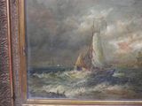 an oil painting of a sailboat in rough seas on a cloudy day