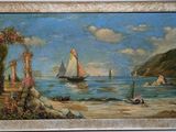 a painting of a beach scene with sailboats in the water