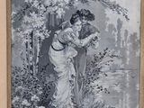 an old picture of a man and a woman standing by a river