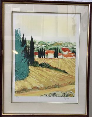 tableau encadré représentant un paysage avec des arbres et une ferme au loin