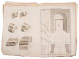 an old book with a drawing of a building and a diagram of a building