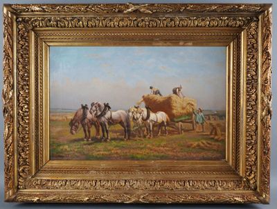 an oil painting of horses in a field with hay bales