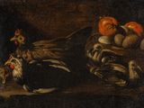 tableau représentant une nature morte composée de poulets, de pommes et d'autres fruits