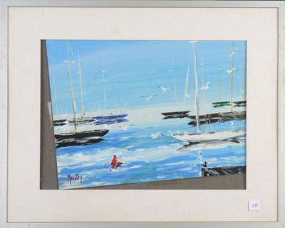 un tableau représentant des bateaux sur l'eau et une personne marchant sur la plage