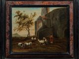 une peinture à l'huile représentant un homme avec des moutons dans un paysage
