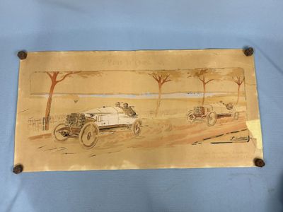 Aquarelle ancienne par E. MONTAULT, course automobile de 190…