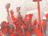 a red and black drawing of a crowd of people holding up signs